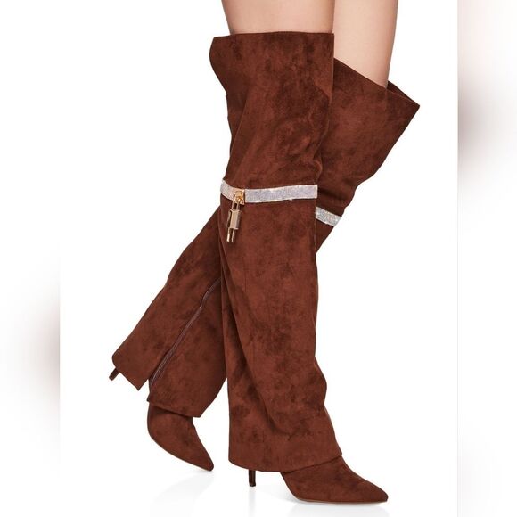 Brown Suede Over-the-Knee Boots with Lock Detail Sz 6.5 - Picture 1 of 3